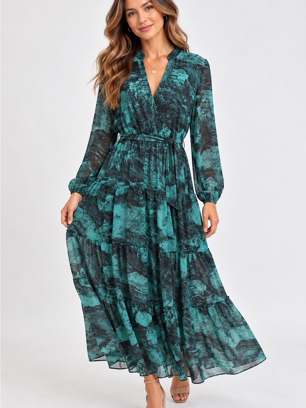 Elan Teal and Black Printed V‑Neck Maxi Dress